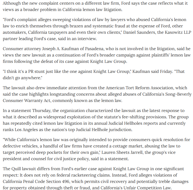 Daily Journal Article Ford Fights Lemon Law Firms