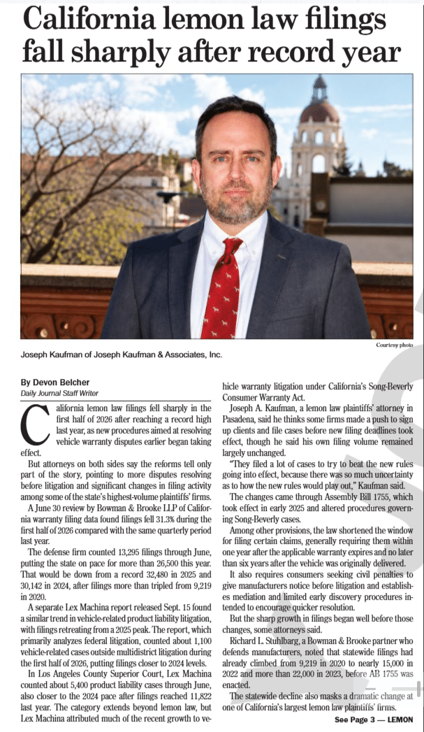 Lemon Law Filings article