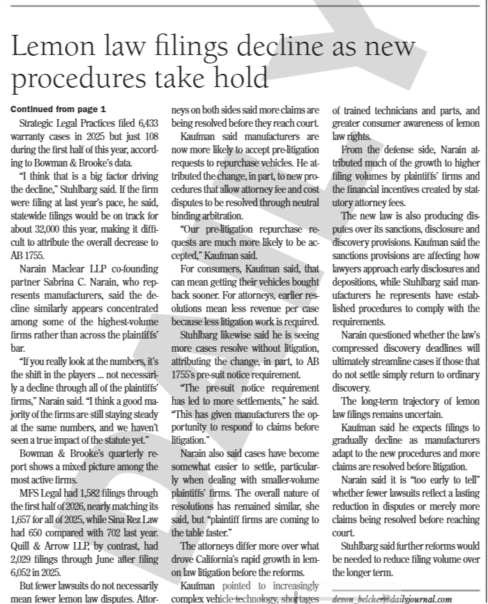 Lemon Law Filings article part 2